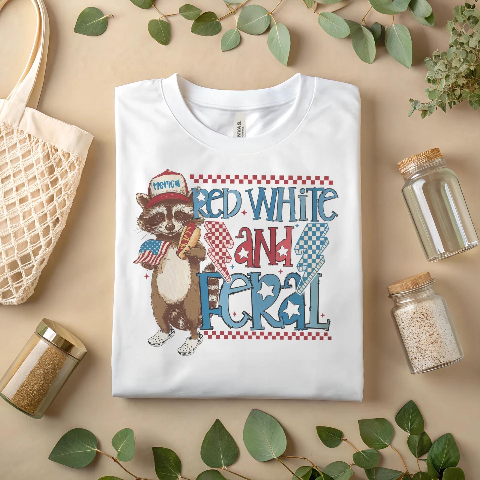 Red White and Feral Raccoon T-Shirt – Funny 4th of July Patriotic Tee A488 3XL