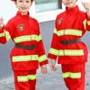 Child Red Firefighter Costume Printed Reflective Stripes Warning Firefighting Uniform with Walkie Talkie Compass Whistle Toys