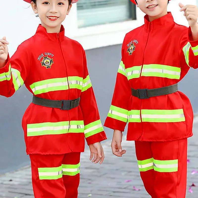 Child Red Firefighter Costume Printed Reflective Stripes Warning Firefighting Uniform with Walkie Talkie Compass Whistle Toys