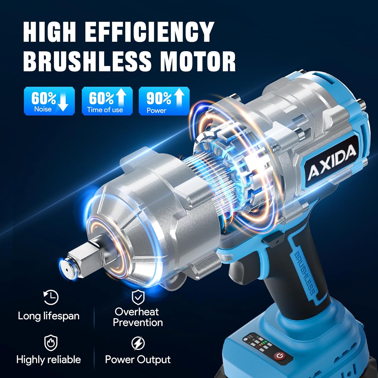 

Cordless Impact Wrench 1/2 1500N·m, Brushless 21V Impact Gun with 2x 4.0Ah Batteries, Charger & 5 Sockets, Variable Speed for C United States