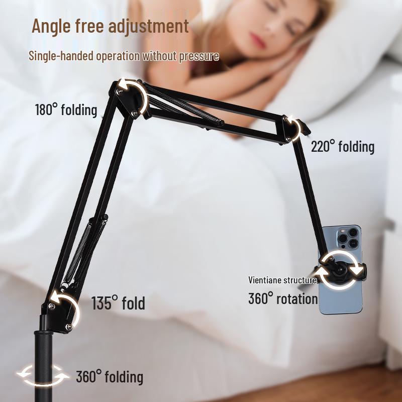 Height-Adjustable Floor Tablet & Phone Stand with Cross-Bed Headboard Mount for Live Streaming