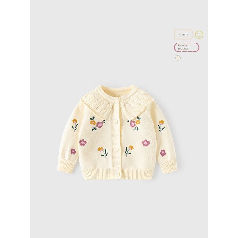 Spring and Autumn Children's Clothing Floral Clothes Sweet Girls' Round Neck Tops Children's Cardigan Sweater Baby Girl Lapel Jacket