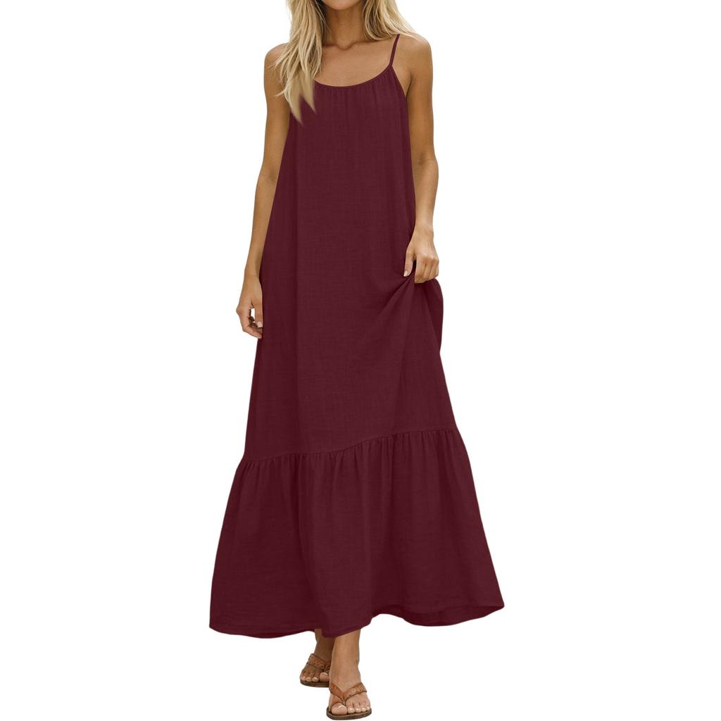 Dames Zomerjurken Spaghetti Bandjes Ronde Hals Gerimpeld Ruches Vloeiend Boho Maxi Jurk