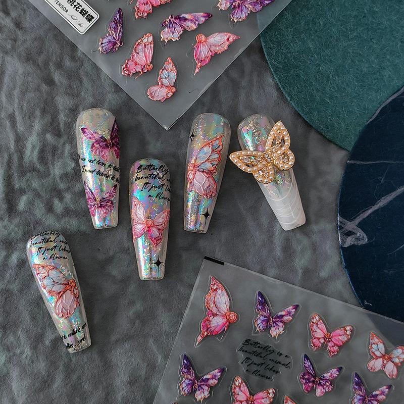 5D Embossed Butterfly Sticker Nail Art Stickers Realistic Relief Blossom Nail Art Decal Rainbow Butterfly Wing Nail Sticker