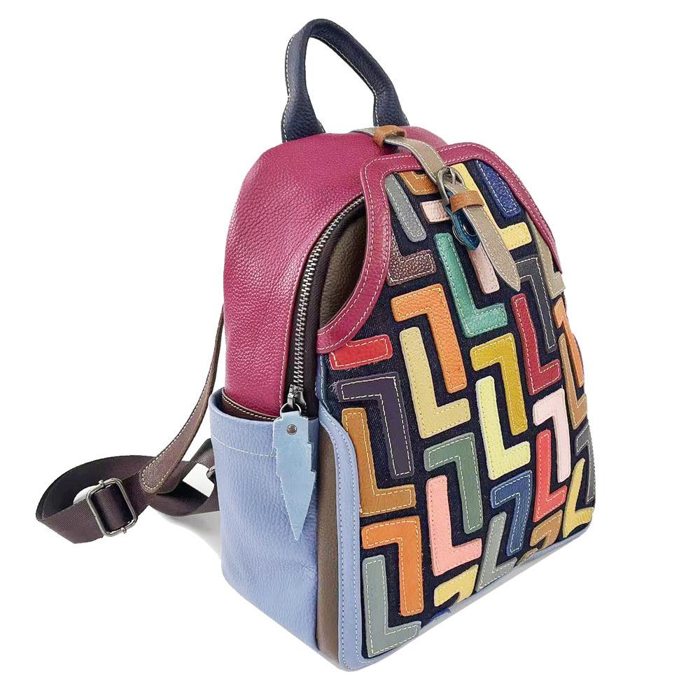 Wiatr Retro Damski Skórzany Plecak Kolorowe Łączenie Skóry Krowiej Wszechstronny Podróżny Plecak Rekreacyjny Duża Pojemność