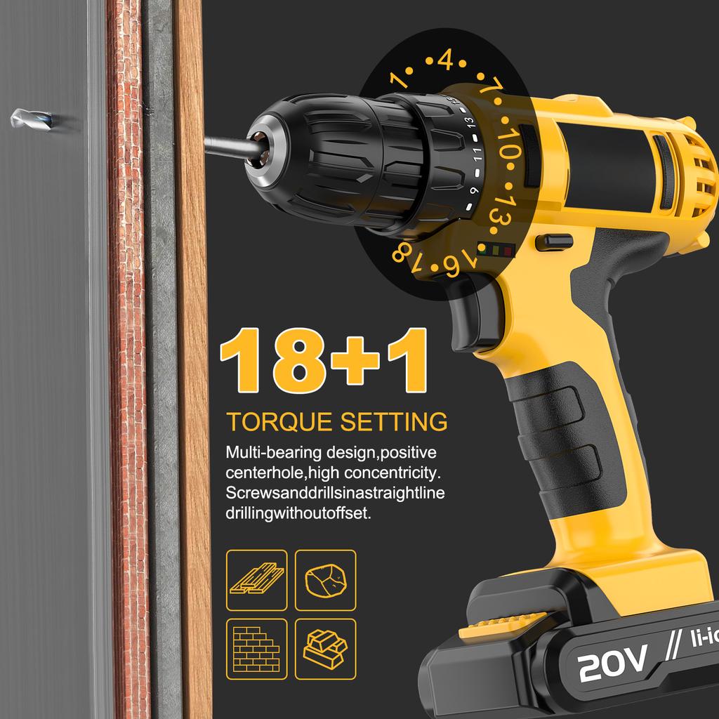 20V Keyless Cordless Drill Set Electric Screwdriver Mini DIY Variable Speed Brushed Motor Battery Power Source EU Warehouse