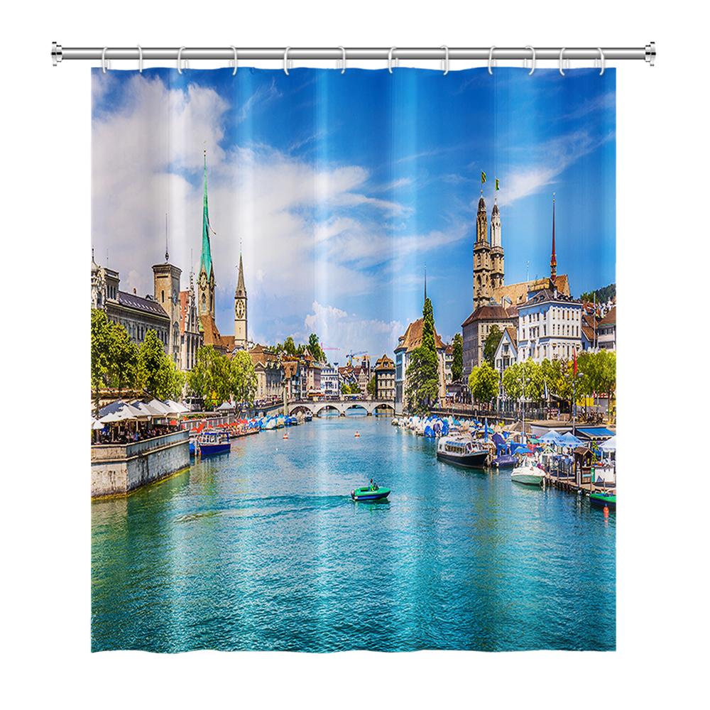 Venkovská krajina Sprchové závěsy Potok Kámen Lotos Buddha Koupelnový závěs Přírodní scenérie Vodotěsná Koupelna Domácí dekorace s háčky