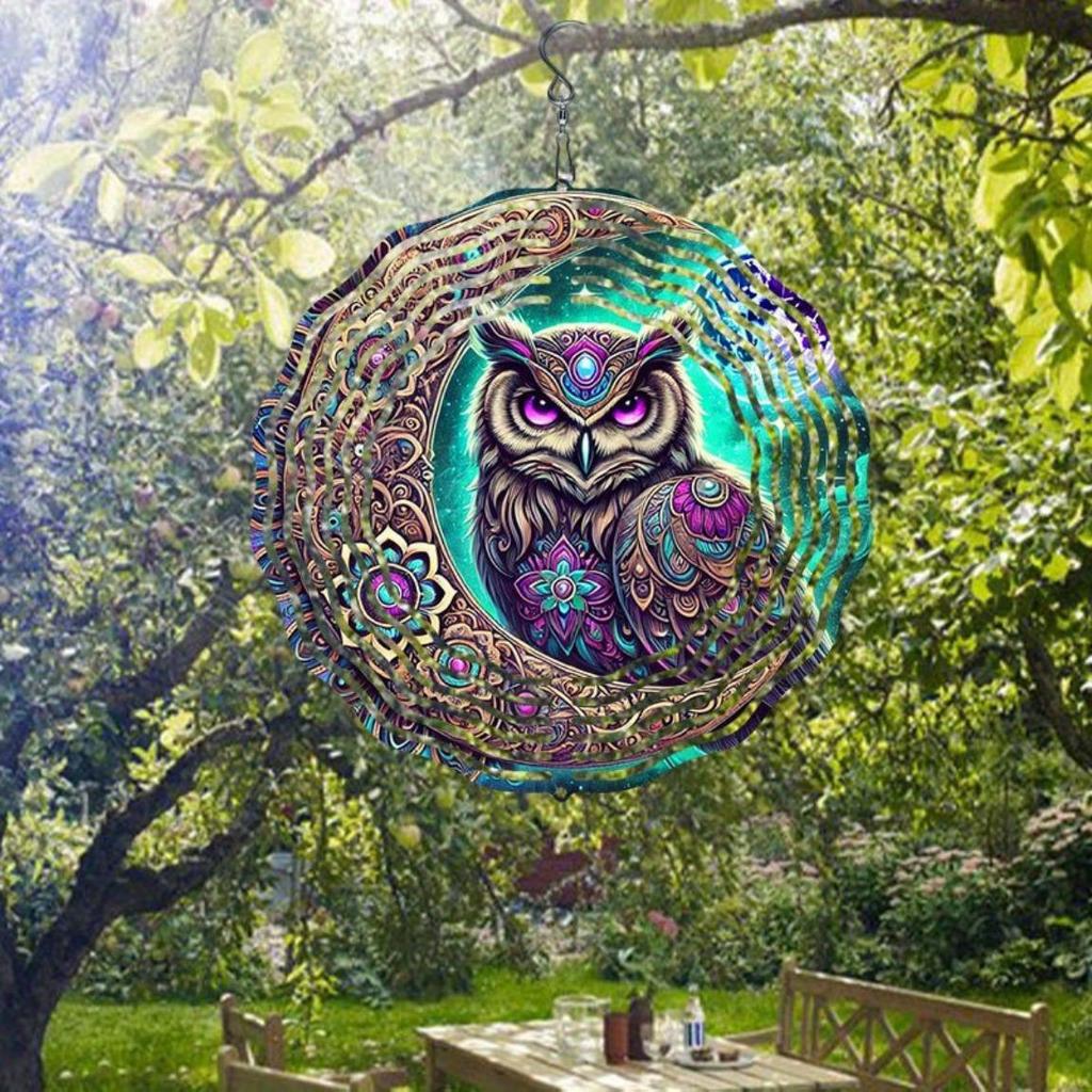 3D Metal Owl Wind Chime Outdoor Hanging Decor with Iridescent Purple Blue Golden Patterns Perfect for Christmas Thanksgiving Holiday