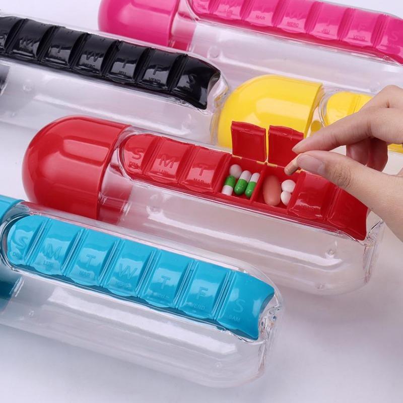 2 in 1 600ml 7 Grids Medicine Box Water Cup Sports Plastic Water Bottle Combine Daily Pill Boxes Organizer Drinking Bottles Box