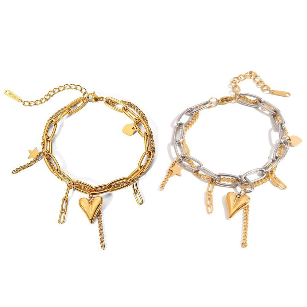 Cuban Chain Heart Charm Bracelet Stainless Steel Layered Bracelet Romantic Jewelry