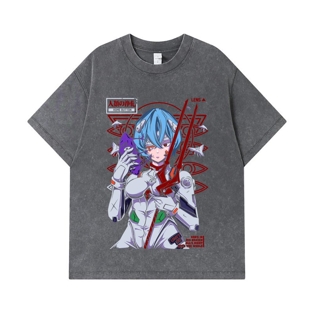 275 GSM Washed T-shirts 100% Cotton Evangelion V7 Rei Print Unisex Heavy Cotton T Shirt