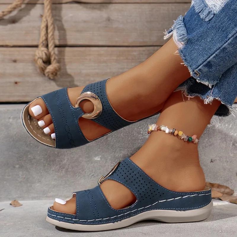 Fashion Women's Slip on Platform Wedge Open-Toe Sandals Retro Metal Buckle 2025 Summer Beach Casual Slippers Comfortable Ladies Shoes