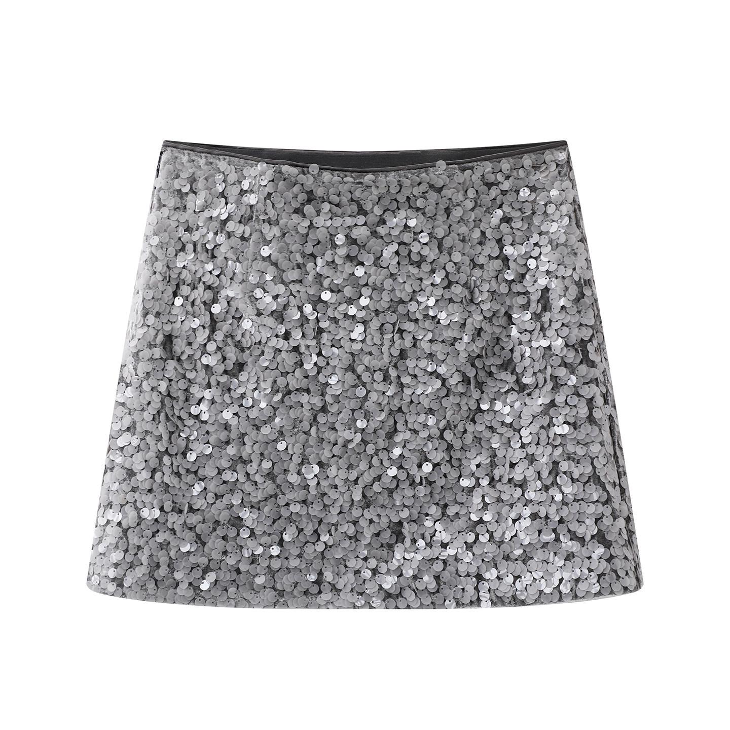 2026 Spring Fashion High-Waisted Sequin A-line Short Skirt for Women Medium