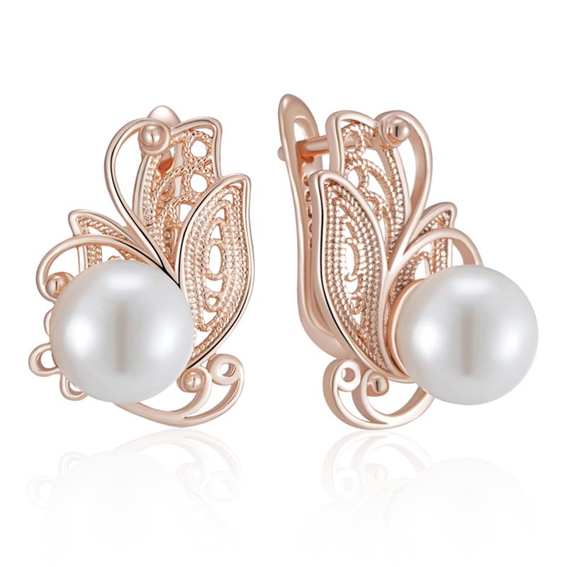 

Ethnic Bride Hollow Flower Pearl Dangle Earrings For Women Fashion Rose Gold Color Vintage Daily Fine Jewelry