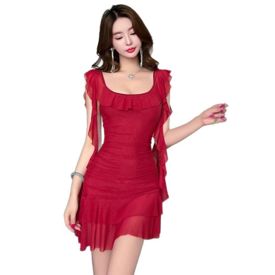 Fashion Personality Ribbon Spice Girl Dress Women's Summer Mesh Folds Waist Backless Sexy Foreign Style Suspender Mom Dress