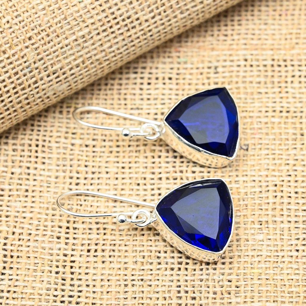 Blue Sapphire Lab-Created Gemstone Handmade 925 Solid Sterling Silver Jewelry Earrings
