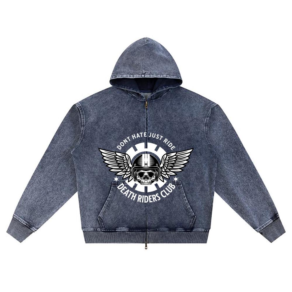 DTG Print Knitted Denim Zip-Up Hoodie Streetwear Motorcycle Brother Print Zipper Hoodies