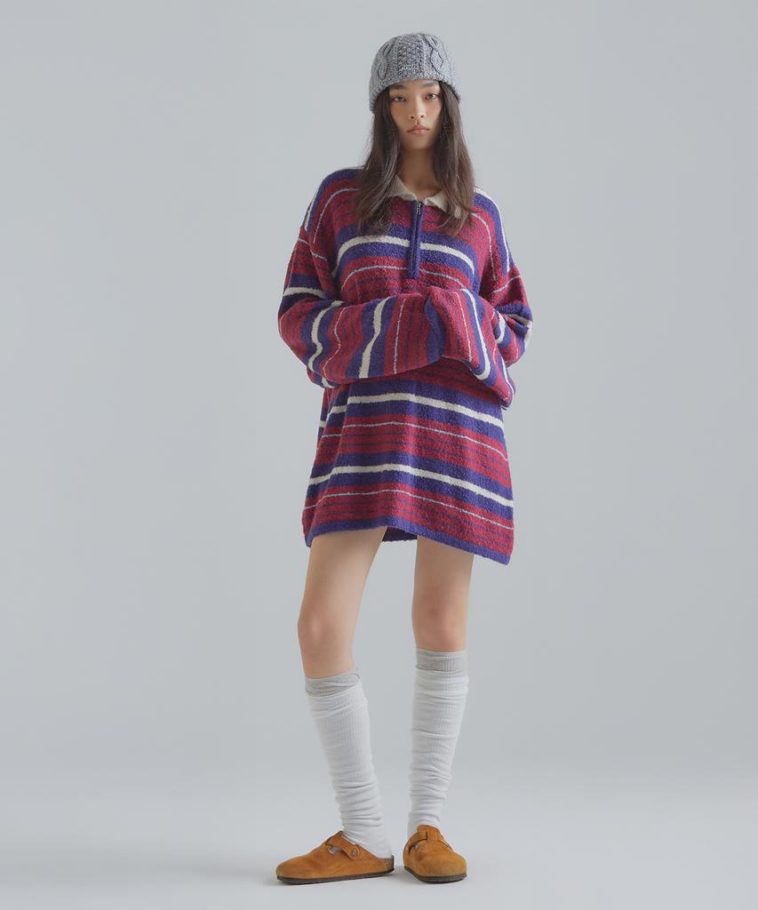 Peulaentigseobiseu Striped Half Zip Knit - Burgundy