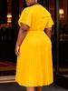 AOMEI Plus Size Yellow Chiffon A Line Dresses Short Sleeve Ruffles High Waist Pleated Casual Church Midi Dress