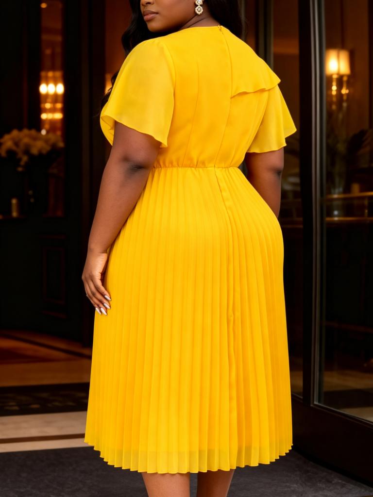 AOMEI Plus Size Yellow Chiffon A Line Dresses Short Sleeve Ruffles High Waist Pleated Casual Church Midi Dress