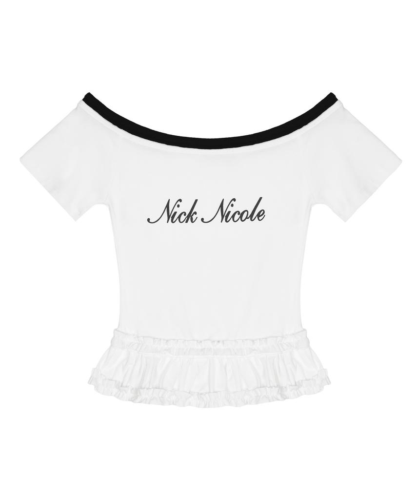 Nigaennikol Off-Shoulder Frill Crop Top_White