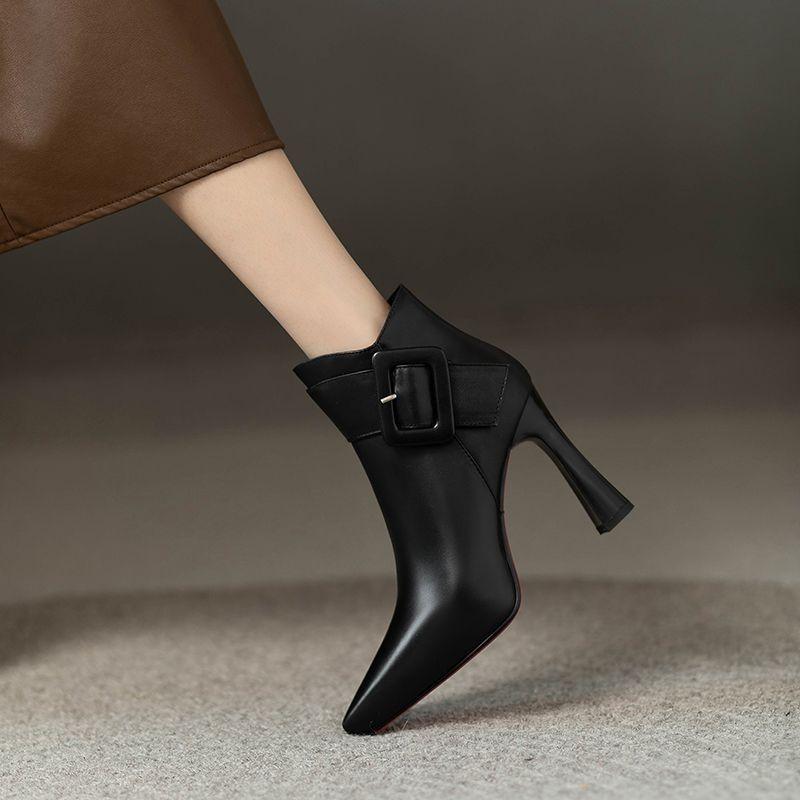 Women's Elegant High Heels Ankle Boots 2025 Spring Belt Buckle Pu Leather Short Boots Woman Plus Size 43 Thin Heeled Party Shoes