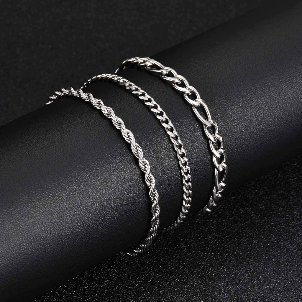 Vnox 3pcs/set Stainless Steel Chain Bracelet Set, Men's Silver Color 21cm Length Link Wristbands, Casual Jewelry Gifts for Men