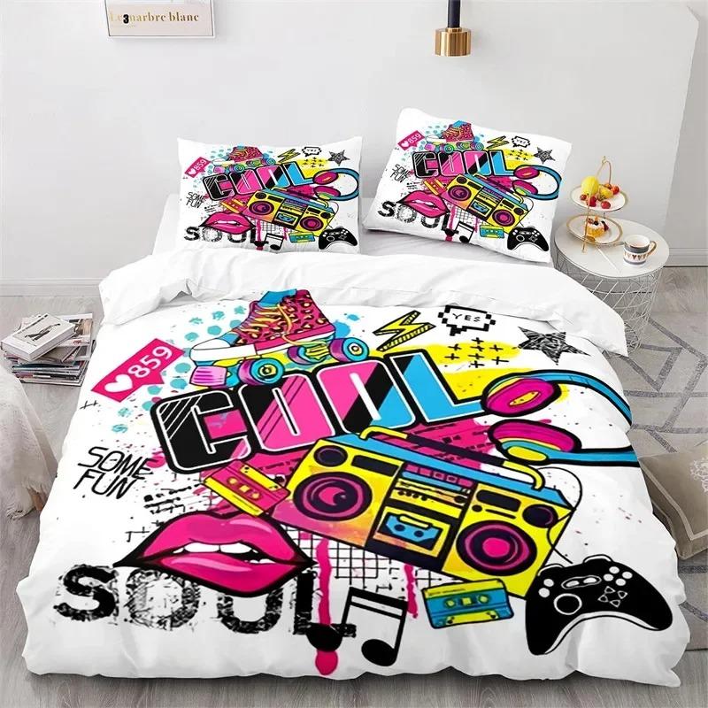 Set Copripiumino Graffiti King Set Biancheria da Letto Microfibra Hip Hop Moderno Street Art Copripiumino Per Bambini Ragazzi Decorazione Camera da Letto Giovani