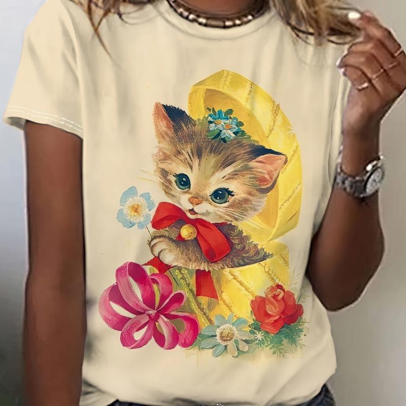 Ladies Funny Cat Animal Print Round Neck Short-Sleeved T-Shirt Fashion Casual Breathable Street Ladies Summer Clothing