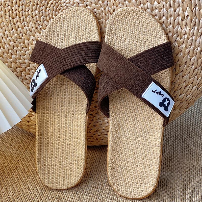 

Шлепанцы льняные женские летние для дома, на перекрестных ремешках, для пар, для ношения в помещении, с мягкой подошвой, нескользящие, прохладные, мужские 44-45