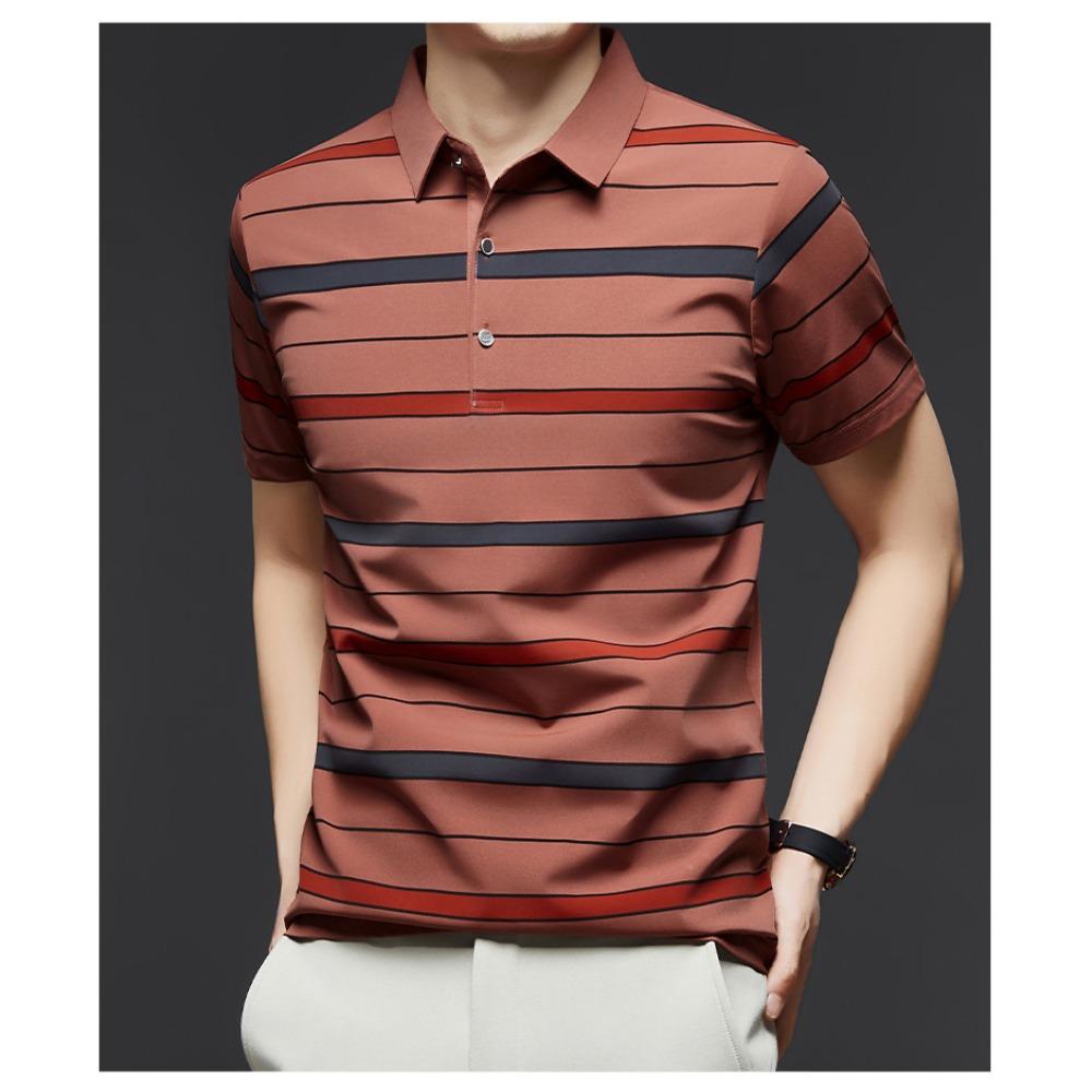Short Sleeved Men's Polo Shirt Summer New Business Casual Striped Thin Ice Silk T-shirt Base Shirt