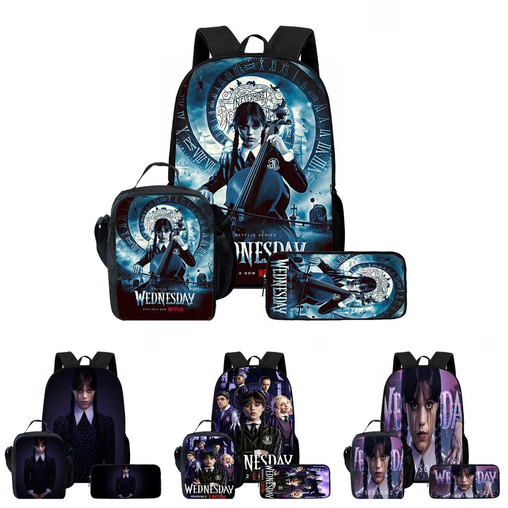 Wednesday Backpack Lunch Bag Pen Case Set With Geometric Pattern For Daily Use