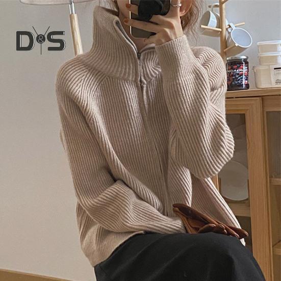 Women Sweater Coat Solid Color Lapel Long Sleeve Double Zipper Fly Design Knitting Coat Casual Commuting Style Outwear