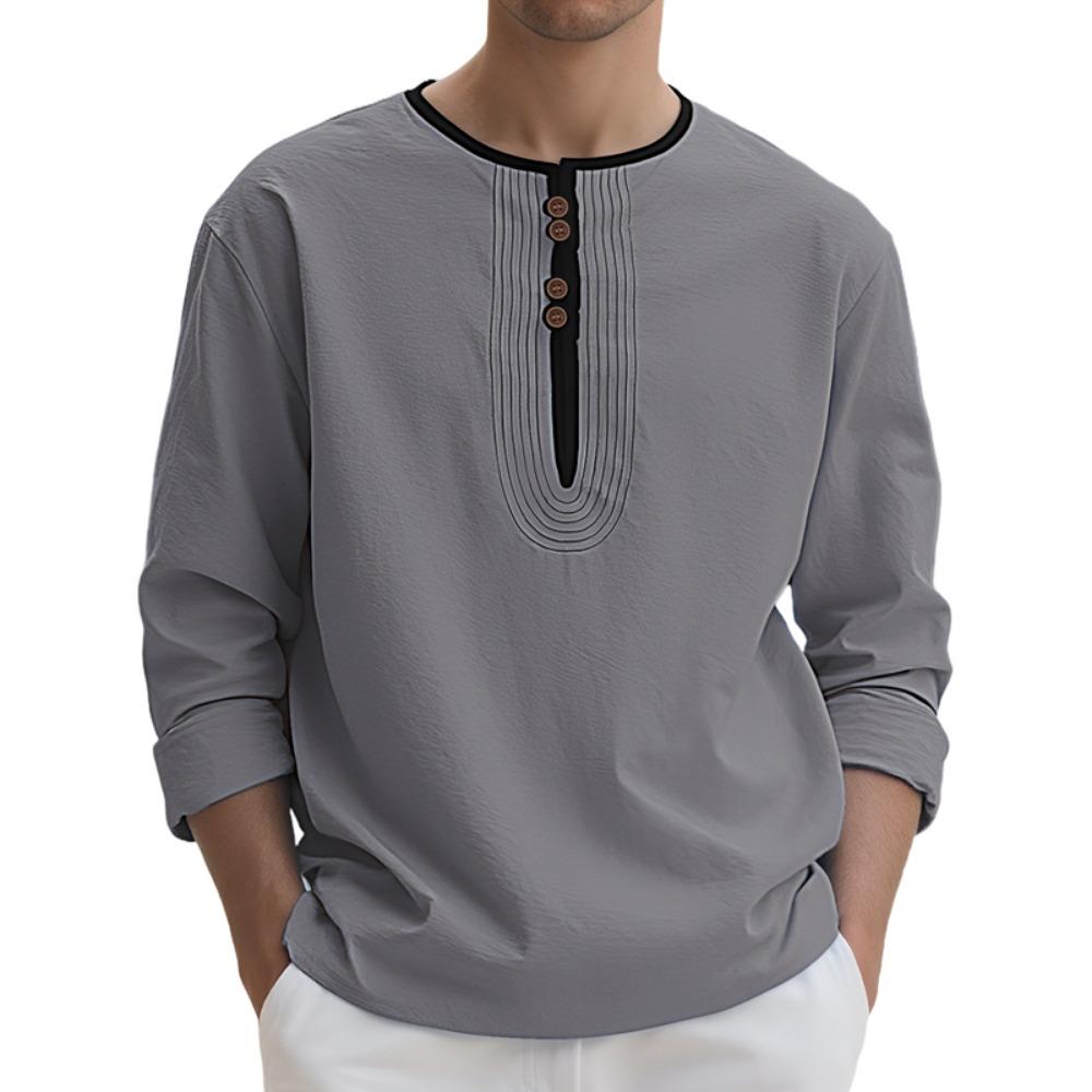 

Модная футболка с воротником Генри для мужчин, 95% лен, с длинным рукавом, осенний свободный повседневный топ с вставками, мужская одежда XXXL серый