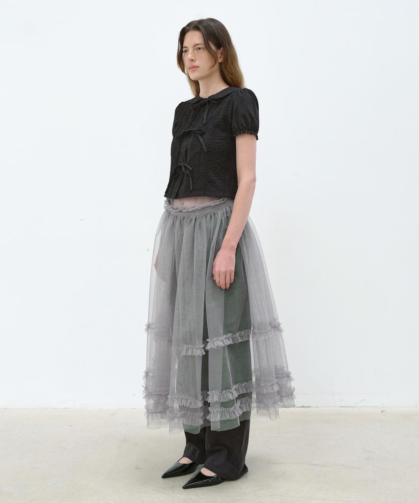 Aobteu Cotton Embroidery Puff Blouse - Black