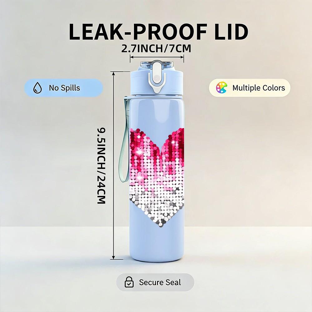 1PC Cracked Pink Red Heart Art Print 750ml Color Plastic Sports Water Bottle Leakproof Flip Straw Lid Suitable for Sports Office Home Use