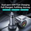 USAMS CC327 C44 USB-A + Type-C Dual Port Car Charger 45W Fast Charging Aluminum Alloy Power Adapter with Voltage Display
