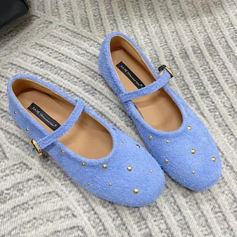 New Metal Rivets Mary Janes Women Comfort Soft Bottom Round Toe Flat Casual Shoes Elegant Slingback Brand Ballet Shoe for Ladies