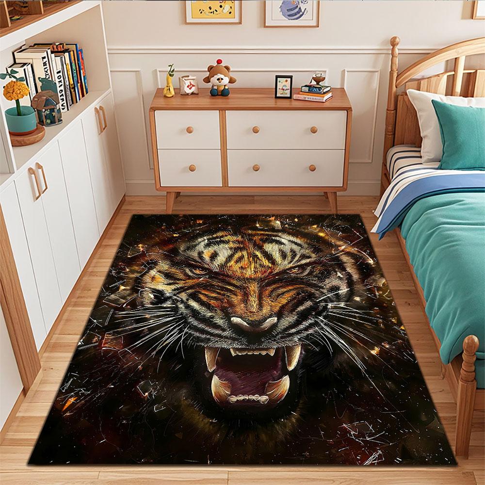 "Ferocious Tiger with Fiery Background" Patterned carpet, suitable as a non slip play mat for the living room and bedroom sofa