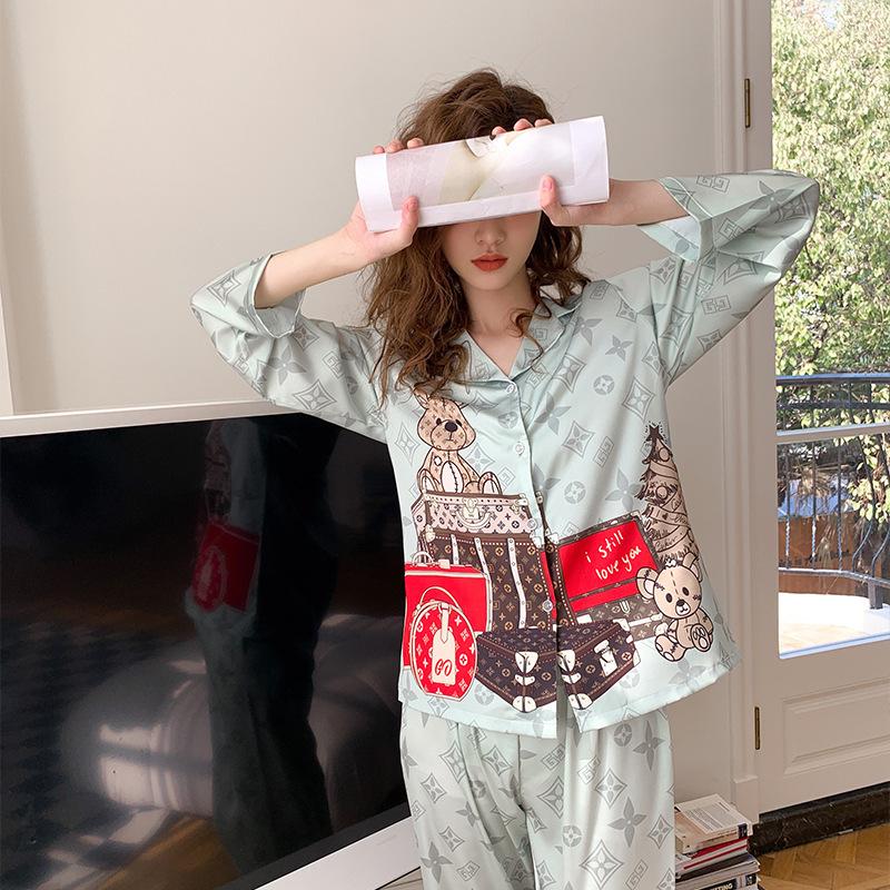 Luggage Bear Luxury Autumn Long Sleeved Ice Silk Pajamas Women's Two Piece Printed Home Set High Quality Elegant Nightgown