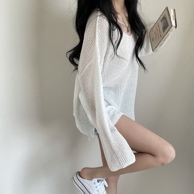 Summer Ice Silk Thin V-neck Sunscreen Sweater Coat Long Sleeve Knitted Hoodie Top T-shirt Air Conditioning Clothes
