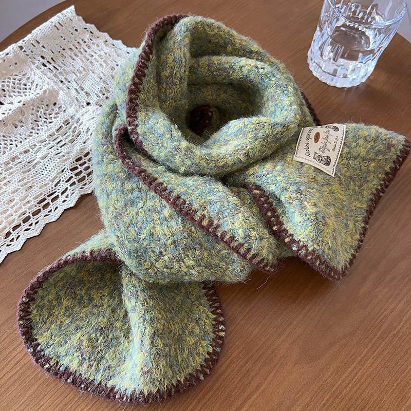 New Style Knitted Contrasting Edged Scarf for Women High End Retro Thickened and Warm Korean Version All Match Scarf for Winter