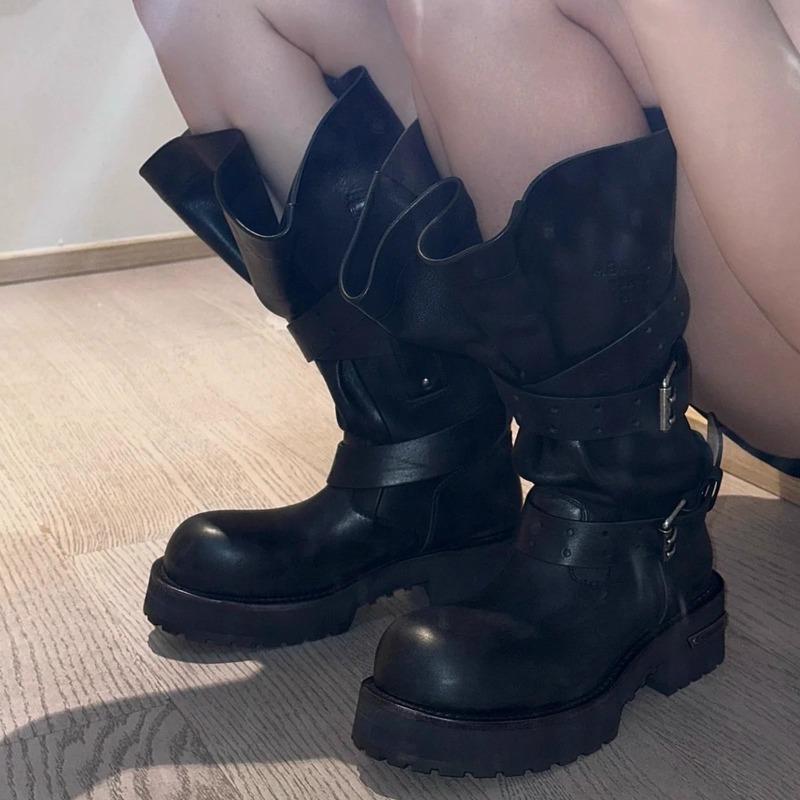 Cowhide~ Venom Boots Haute Couture Version Knight Boots Women's Thick-soled Heightening Boots Maillard Black Leather Boots