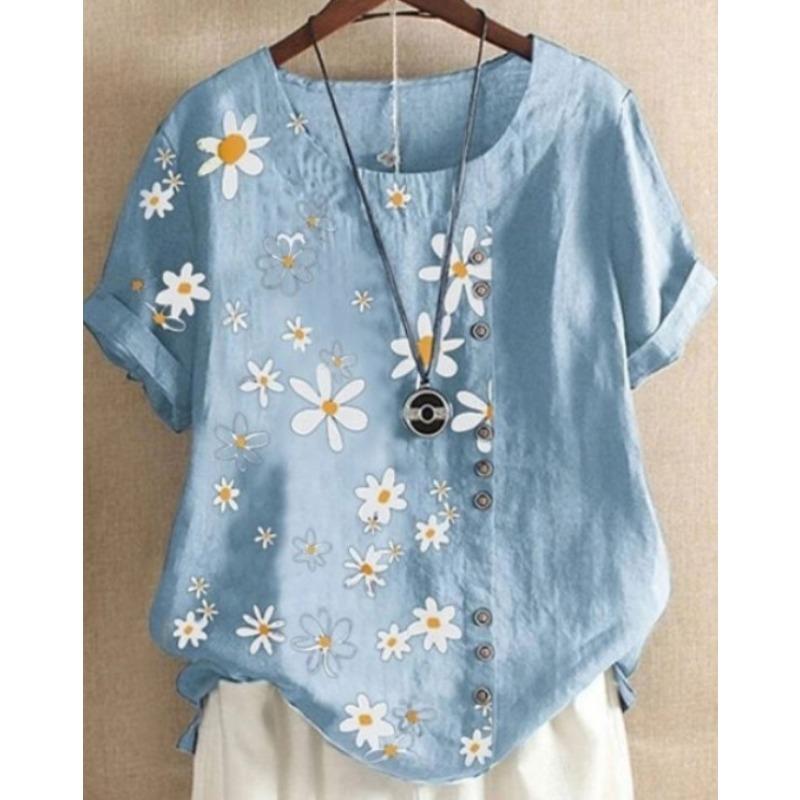 Women s All Match Breathable Short Sleeve Shirt With Flower Print M синий
