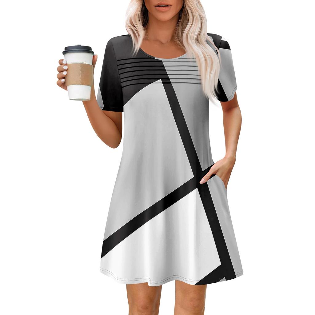 Women's Summer Casual Round Neck Pleated With Pockets Printed Short Sleeve Dresses