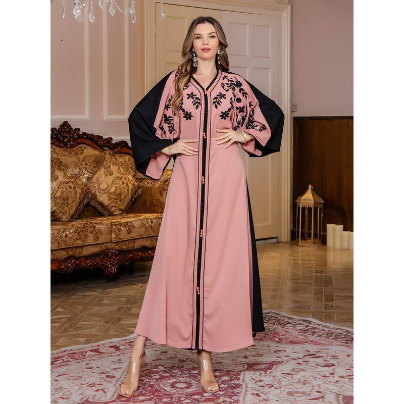 

Cross-Border New Middle East Clothing Patchwork Robe Rope Embroidery Dubai Travel Leisure Arab Robe Dress Dress Pink 2XL