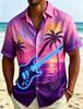 Men's Sunset And Instrument Printed Short Sleeved Shirt, Suitable For Vacation Travel, Summer Parties, And Fresh Music Style
