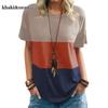 Spring Summer Women's Color Blocked T-shirt Pocket Round Neck Short Sleeve Loose Top