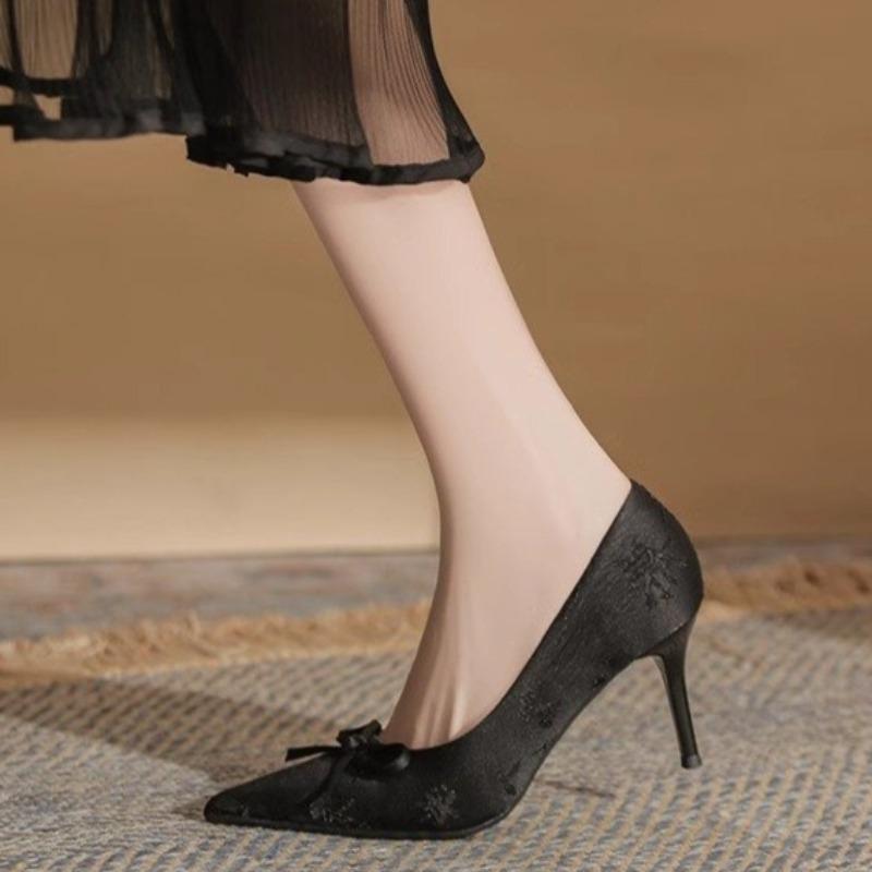 Fashion Spring New Thin Heel Single Shoes Women's Pointed Head Satin Shallow Mouth Butterfly Knot Anti-slip Wear-resistant High Heels