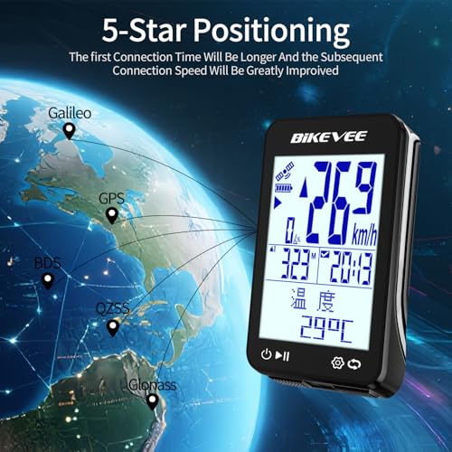 Bikevee GPS Wireless Bicycle Speedometer, Cycle Computer with Auto Start/Stop, Auto Backlight, Waterproof, Odometer, MPH/KM/H, 2.4-inch FSTN Tiered Di